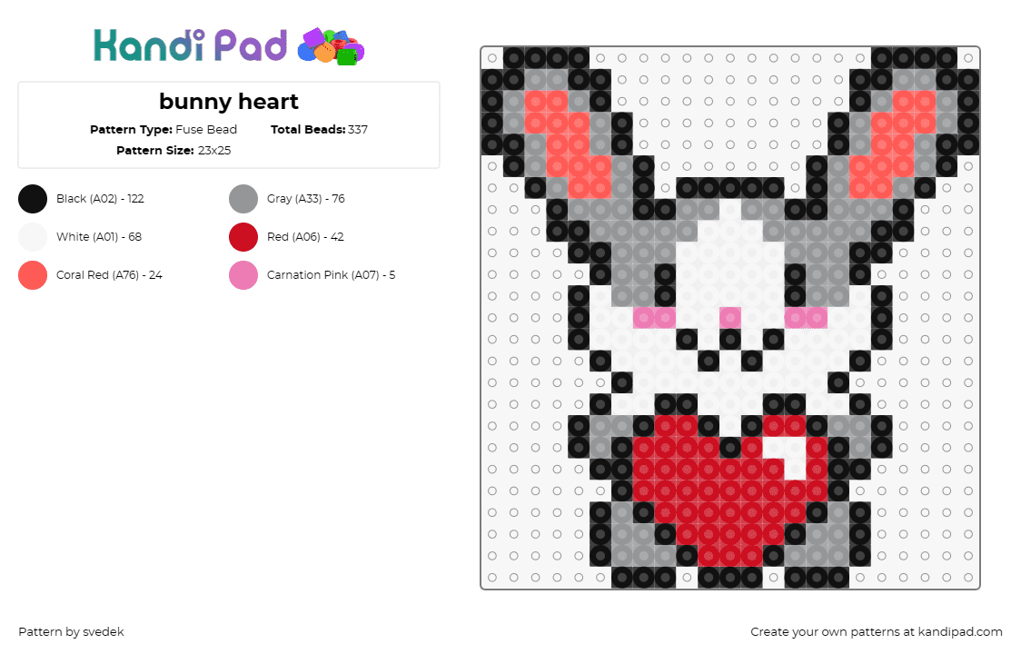 bunny heart - Fuse Bead Pattern by svedek on Kandi Pad - bunny,heart,rabbit,love,cute,animal,playful,affection,gray,red