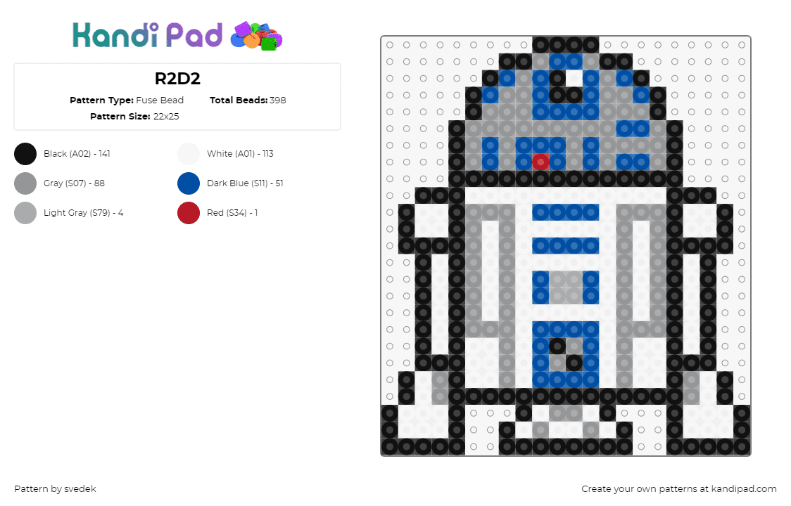 R2D2 - Fuse Bead Pattern by svedek on Kandi Pad - r2d2,droid,star wars,character,robot,scifi,movie,white,gray,blue