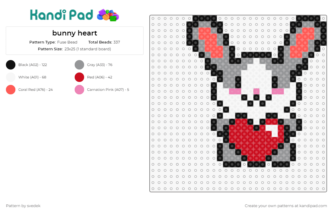 bunny heart - Fuse Bead Pattern by svedek on Kandi Pad - bunny,heart,rabbit,love,cute,animal,playful,affection,charming,grey,red