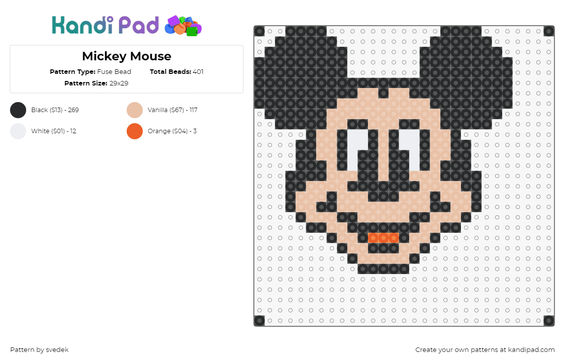 Mickey Mouse - Fuse Bead Pattern by svedek on Kandi Pad - mickey mouse,disney,happy,smile,cartoon,classic,character,ears,tan,black