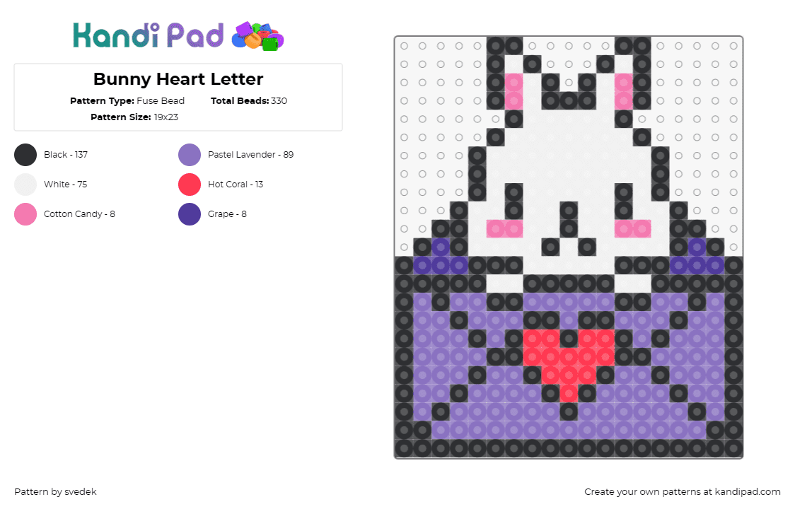 Bunny Heart Letter - Fuse Bead Pattern by svedek on Kandi Pad - bunny,rabbit,letter,mail,heart,cute,love,purple,white