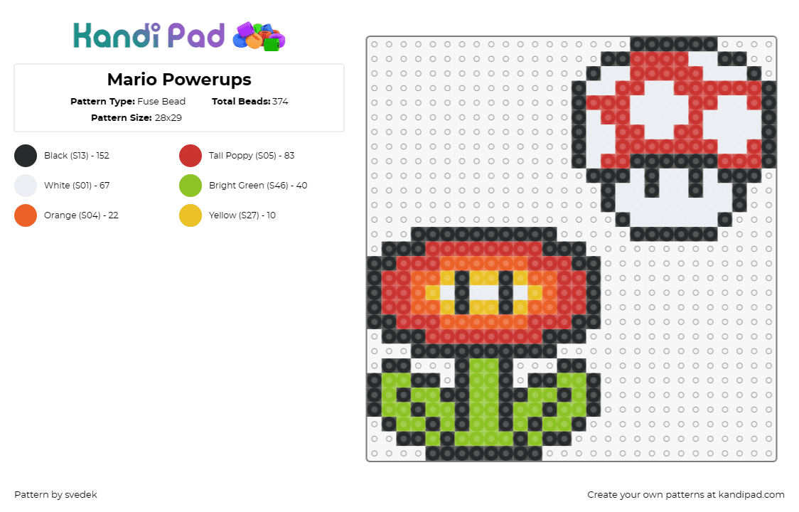 Mario Powerups - Fuse Bead Pattern by svedek on Kandi Pad - fire flower,mushroom,mario,nintendo,video game,red,green