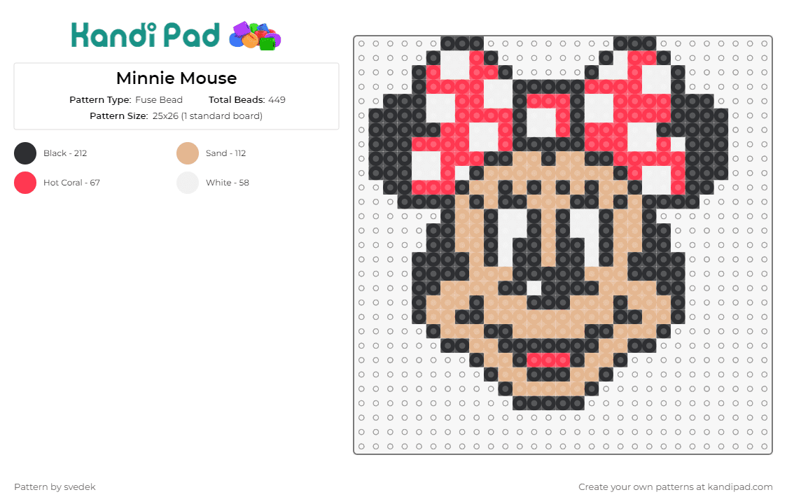 Minnie Mouse - Fuse Bead Pattern by svedek on Kandi Pad - minnie mouse,mickey mouse,disney,mouse,animals,cute