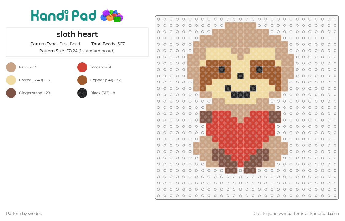 sloth heart - Fuse Bead Pattern by svedek on Kandi Pad - sloth,heart,cute,animal,love,affection,smile,adorable,red,tan