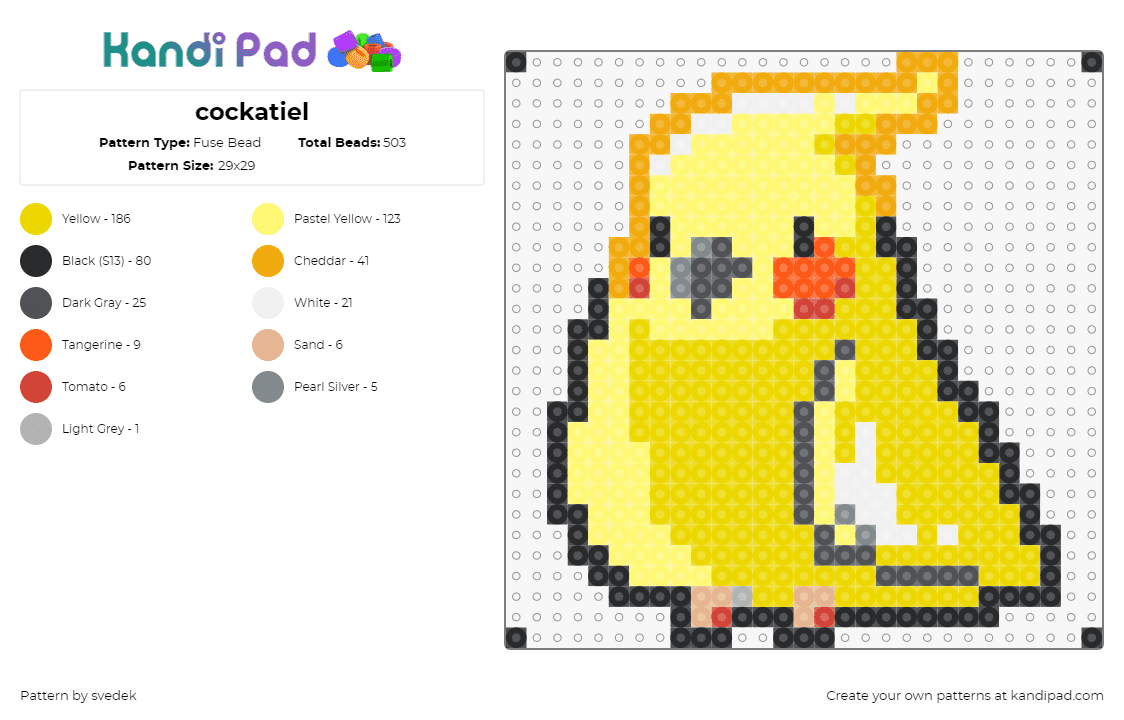 cockatiel - Fuse Bead Pattern by svedek on Kandi Pad - cockatiel,bird,animal,cute,yellow