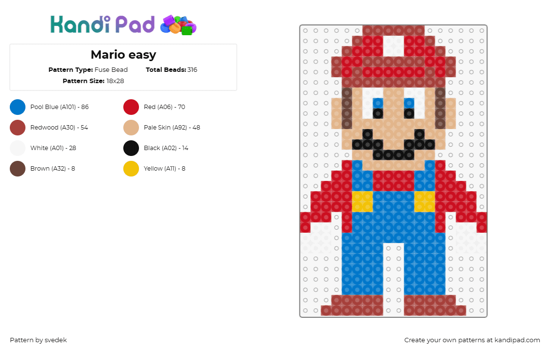 Mario easy - Fuse Bead Pattern by svedek on Kandi Pad - mario,nintendo,plumber,excitement,video game,red