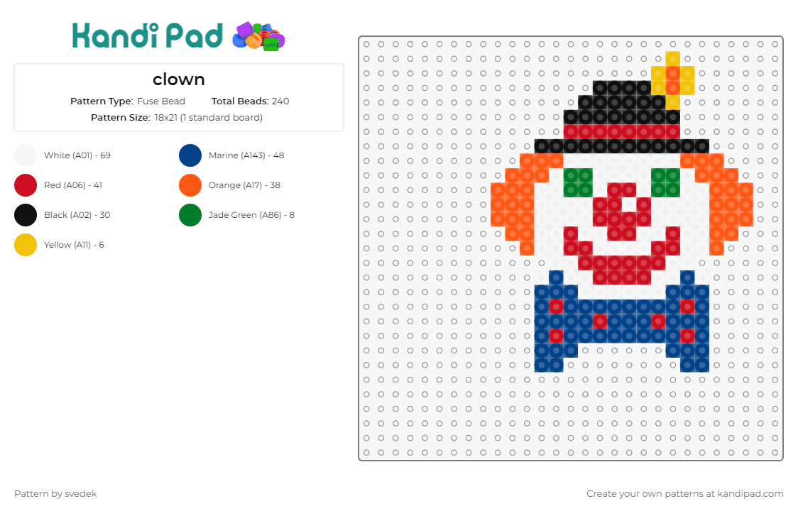 clown - Fuse Bead Pattern by svedek on Kandi Pad - clown,funny,character,smiling,whimsical,playful,amusement,joy,costume,orange,blue