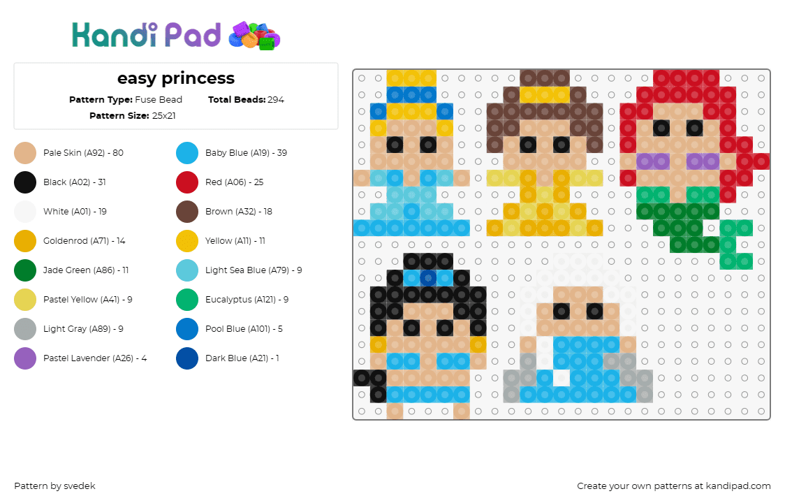 easy princess - Fuse Bead Pattern by svedek on Kandi Pad - princess,disney,cinderella,belle,little mermaid,ariel,jasmine,aladdin,frozen,fai