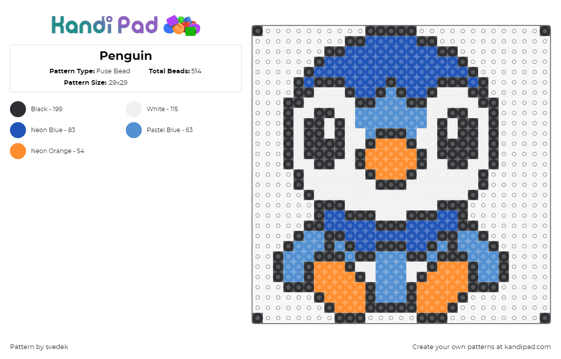 Penguin - Fuse Bead Pattern by svedek on Kandi Pad - penguin,bird,animal,bird,cute,character,blue,white,orange