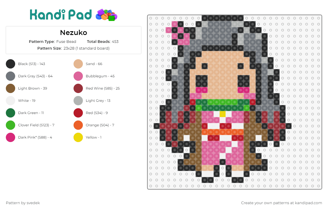 Nezuko - Fuse Bead Pattern by svedek on Kandi Pad - nezuko kamado,demon slayer,anime,charming,distinct appearance,spirit,pink