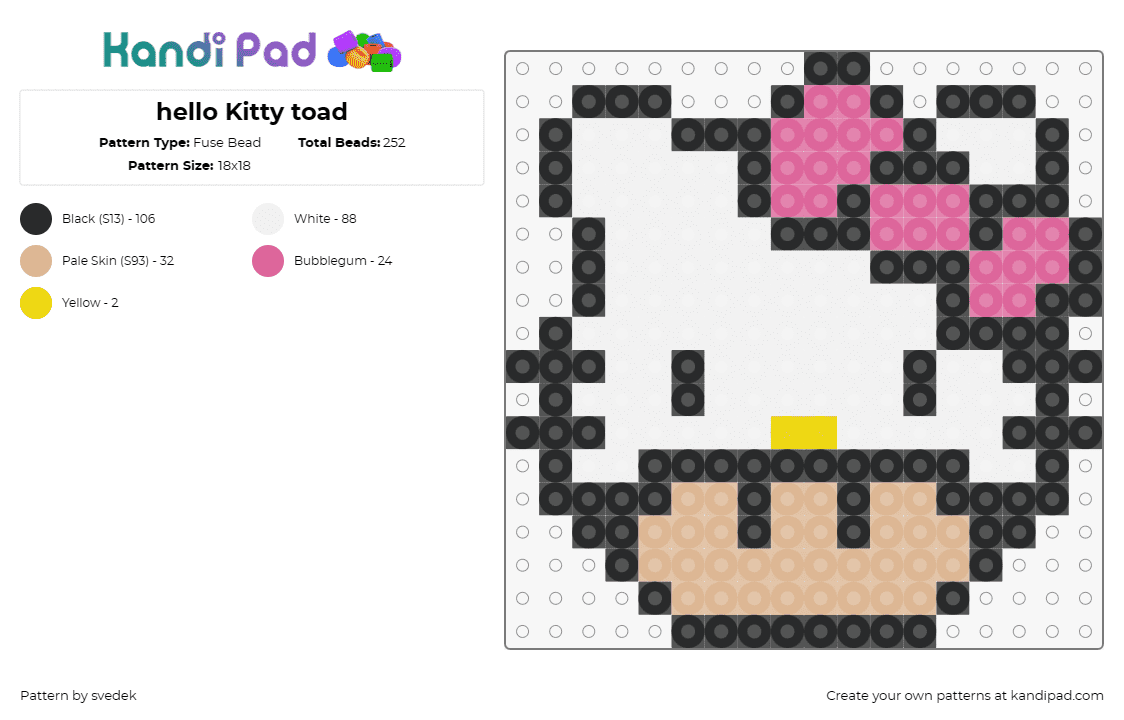 hello Kitty toad - Fuse Bead Pattern by svedek on Kandi Pad - hello kitty,mario,mushroom,mashup,costume,nintendo,sanrio,gaming,cute,white,pink