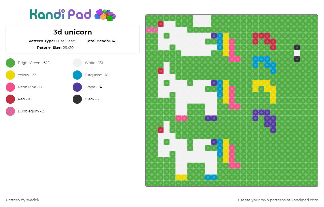 3d unicorn - Fuse Bead Pattern by svedek on Kandi Pad - green