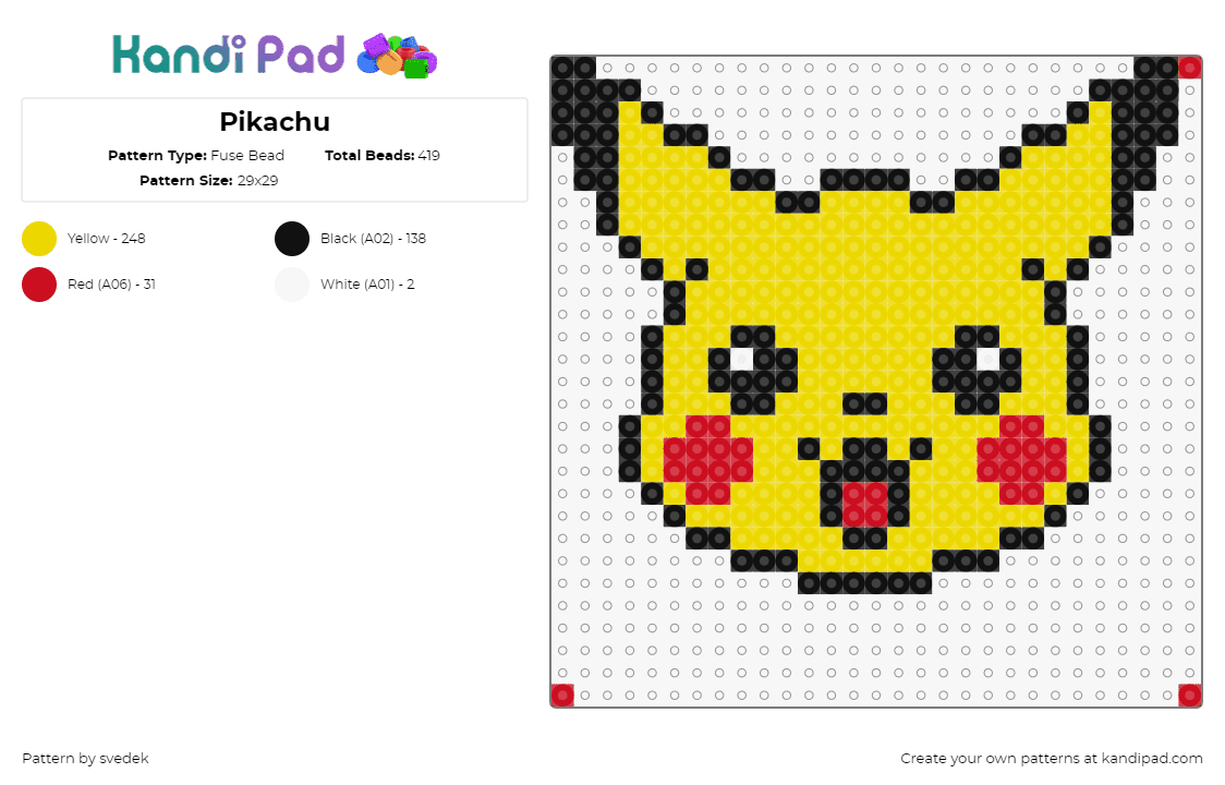 Pikachu - Fuse Bead Pattern by svedek on Kandi Pad - pikachu,pokemon,starter,character,happy,smile,cute,gaming,yellow,red