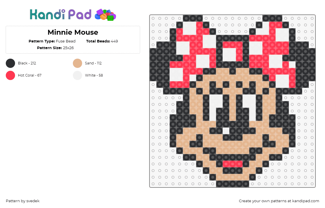 Minnie Mouse - Fuse Bead Pattern by svedek on Kandi Pad - minnie,disney,bow,mickey,mouse,character,cute,smile,happy,tan,red,pink