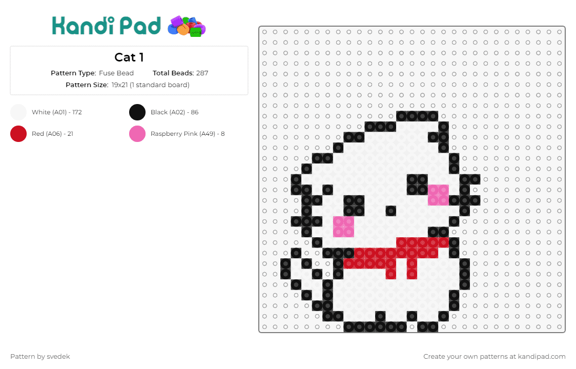 Cat 1 - Fuse Bead Pattern by svedek on Kandi Pad - cat,kitten,cute,animal,pet,bow,charming,domestic,white