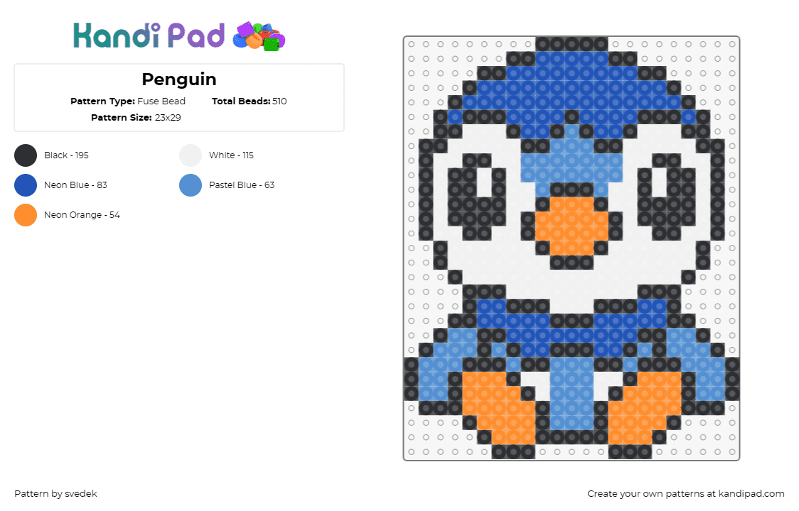 Penguin - Fuse Bead Pattern by svedek on Kandi Pad - penguin,bird,animal,bird,cute,character,blue,white,orange
