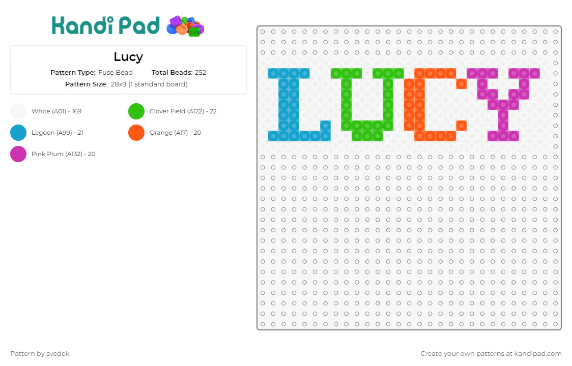 Lucy - Fuse Bead Pattern by svedek on Kandi Pad - lucy,text,personalized,name,lettering,custom,decoration,typography,vibrant