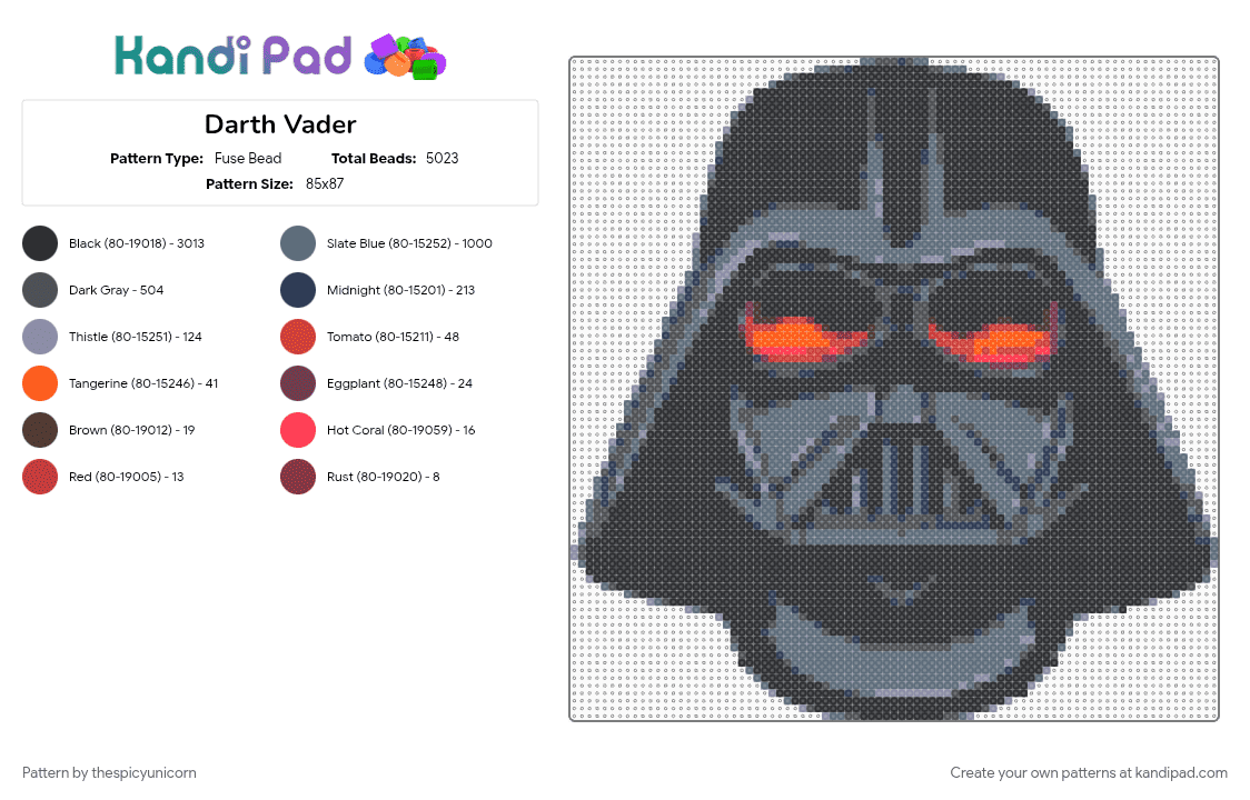 Darth Vader - Fuse Bead Pattern by thespicyunicorn on Kandi Pad - black, character, darth vader, gray, movie, movie character, scifi, star wars