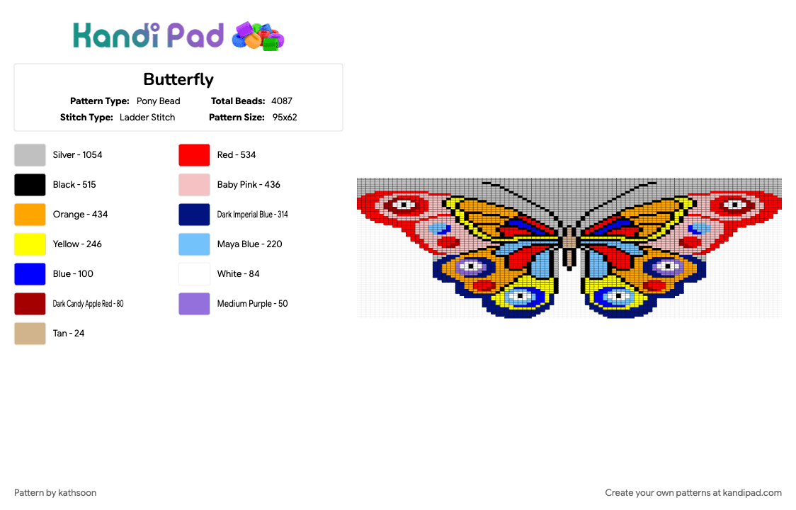 Butterfly - Pony Bead Pattern by kathsoon on Kandi Pad - beige, red