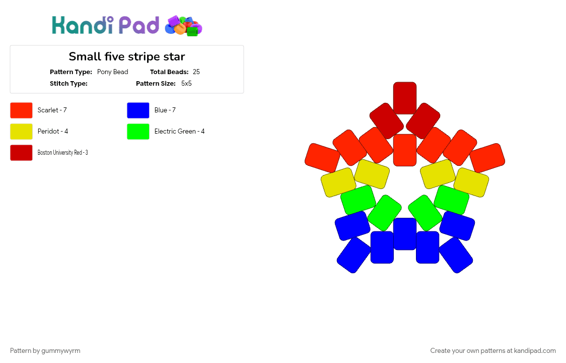 Small five stripe star - Pony Bead Pattern by gummywyrm on Kandi Pad - cute, five, pride, pride flags, purple, red, simple, stripe, striped, stripes
