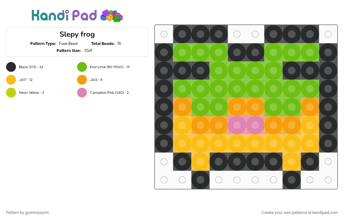 Slepy frog - Fuse Bead Pattern by gummywyrm on Kandi Pad - animal, character, cute, frog, green, ittybitty, pin sized, simple, sleepy, yellow