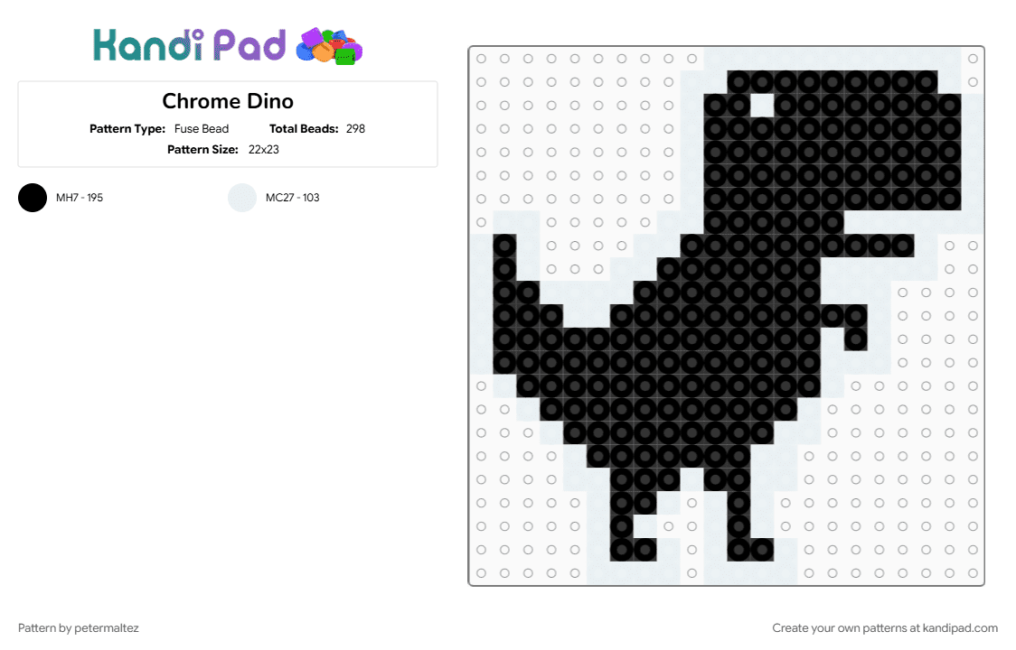 Chrome Dino - Fuse Bead Pattern by petermaltez on Kandi Pad - animal, animals, black, black and white, chrome, cute, dino, dinosaur, gaming, white