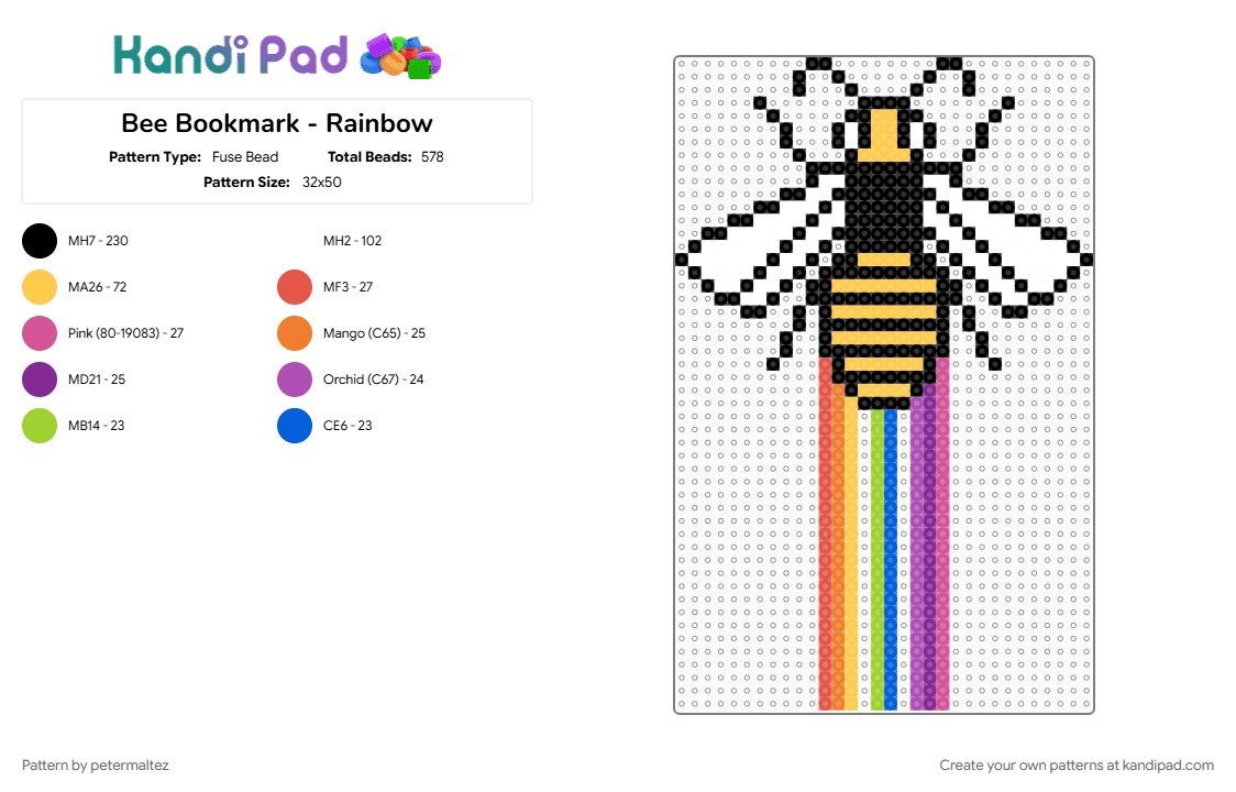 Bee Bookmark - Rainbow - Fuse Bead Pattern by petermaltez on Kandi Pad - animal, bee, bookmark, colorful, pink, pride, rainbow, rainbows, yellow