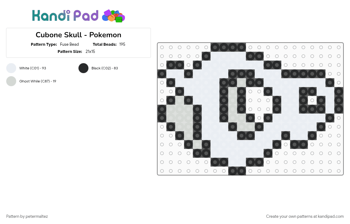 Cubone Skull - Pokemon - Fuse Bead Pattern by petermaltez on Kandi Pad - black, cubone, game, gaming, pokemon, skull, white