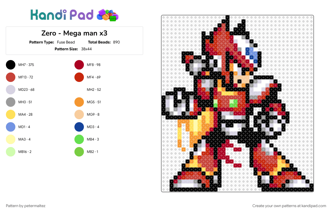 Zero - Mega man x3 - Fuse Bead Pattern by petermaltez on Kandi Pad - black, character, gaming, gray, mega man, mega man x3, megaman, orange, red, rockman, video game, zero