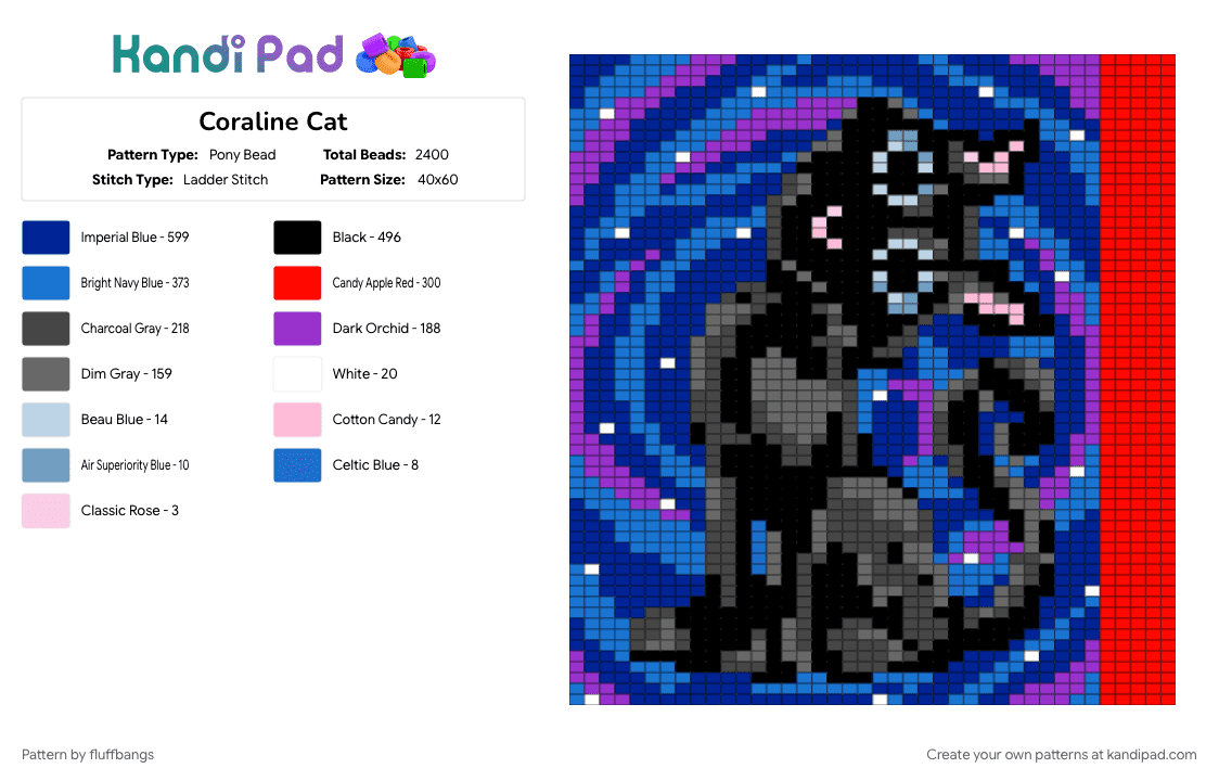 Coraline Cat - Pony Bead Pattern by fluffbangs on Kandi Pad - blue, purple, red