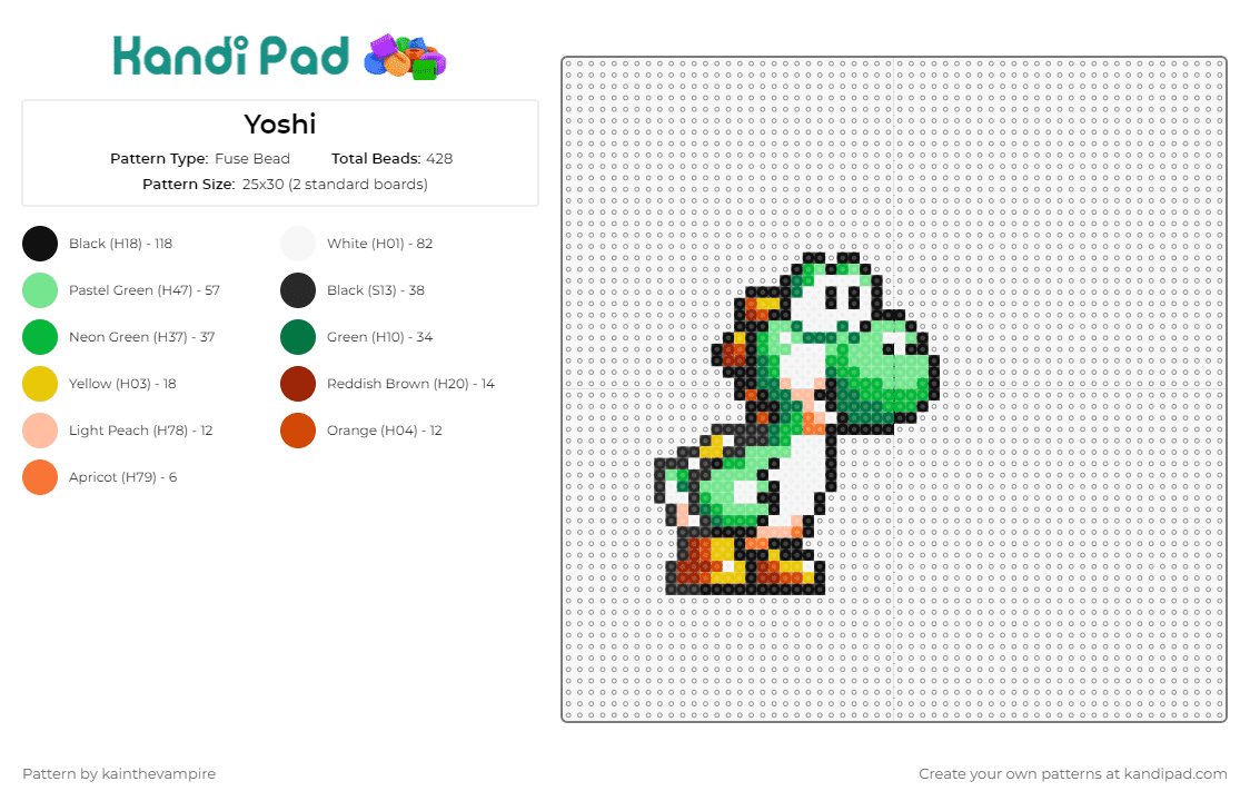 Yoshi - Fuse Bead Pattern by kainthevampire on Kandi Pad - yoshi,mario,nintendo,dinosaur,cute,character,video game,green,orange,white