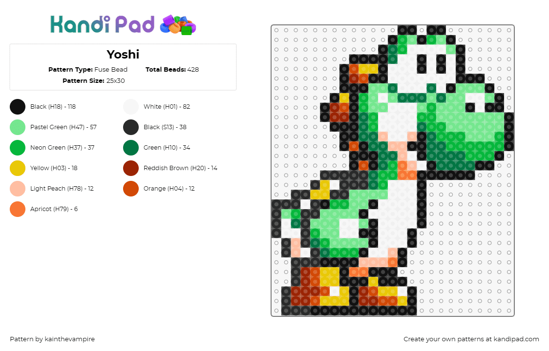 Yoshi - Fuse Bead Pattern by kainthevampire on Kandi Pad - yoshi,mario,nintendo,dinosaur,cute,character,video game,green,orange,white