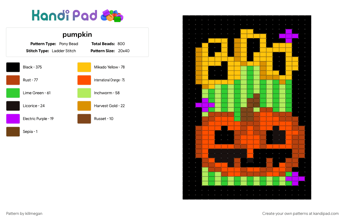 pumpkin - Pony Bead Pattern by killmegan on Kandi Pad - black, colorful, orange, red