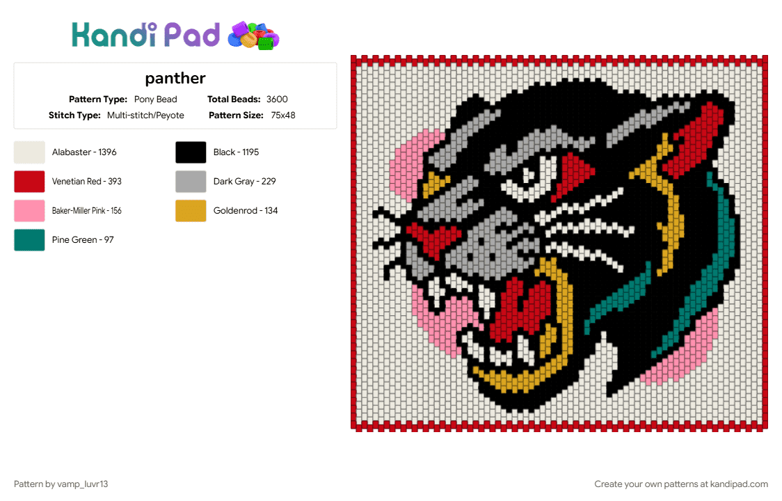 panther - Pony Bead Pattern by vamp_luvr13 on Kandi Pad - beige, red, white