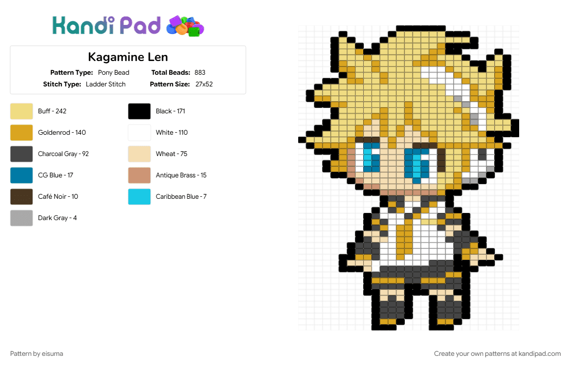 Kagamine Len - Pony Bead Pattern by eisuma on Kandi Pad - beige, brown, character, kagamine len, len, orange, vocaloid, yellow
