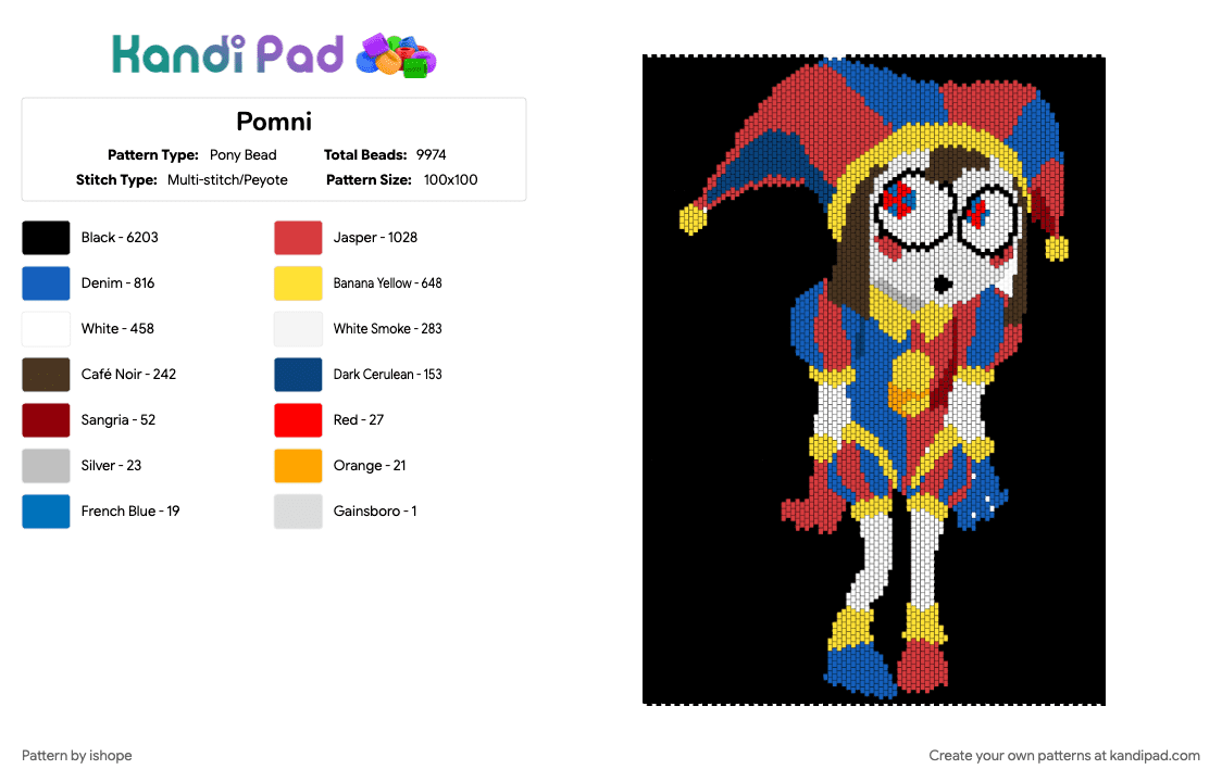 Pomni - Pony Bead Pattern by ishope on Kandi Pad - black, blue, character, pomni, red, tadc, the amazing digital circus, yellow