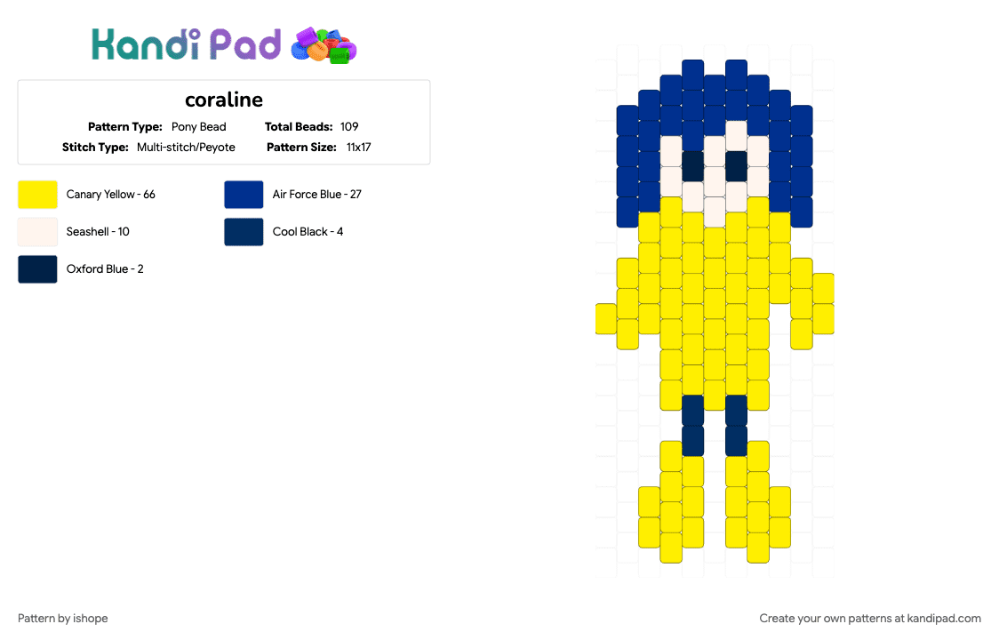 coraline - Pony Bead Pattern by ishope on Kandi Pad - blue, character, coraline, cute, fall, movie, spooky, yellow