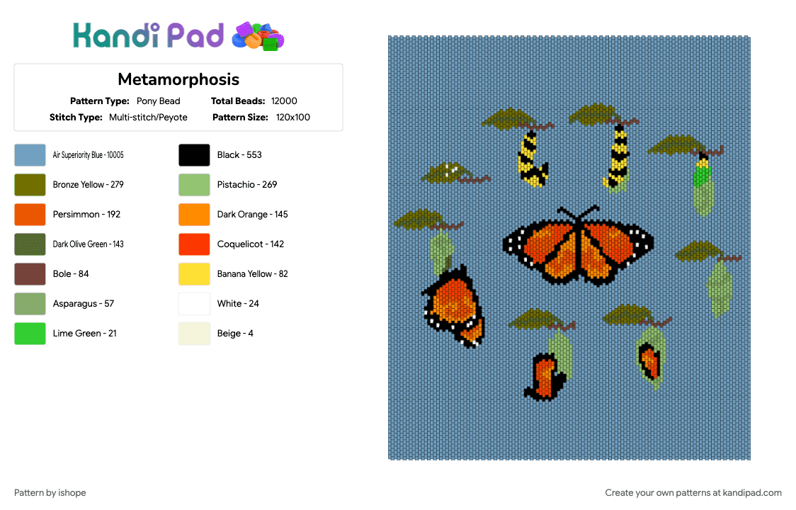 Metamorphosis - Pony Bead Pattern by ishope on Kandi Pad - butterfly, caterpillar, cotdevolution, evolution, light blue, metamorphosis, nature, pretty
