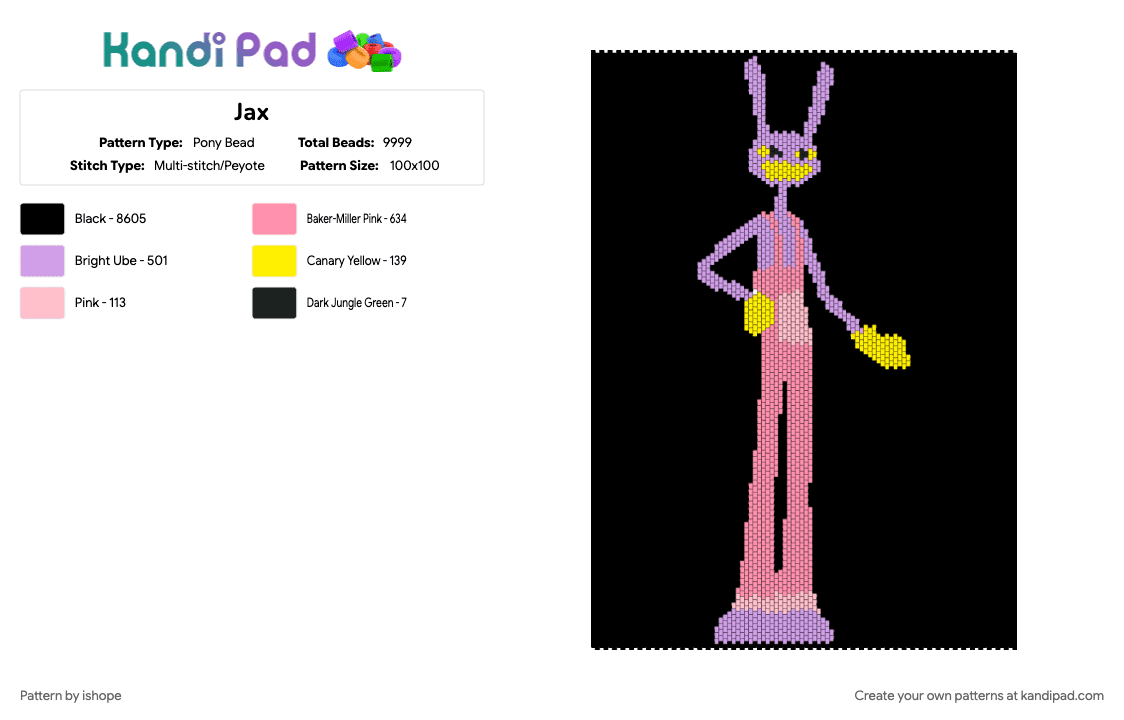 Jax - Pony Bead Pattern by ishope on Kandi Pad - black, character, glitch productions, indie animation, jax, jax tadc, pink, tadc, the amazing digital circus