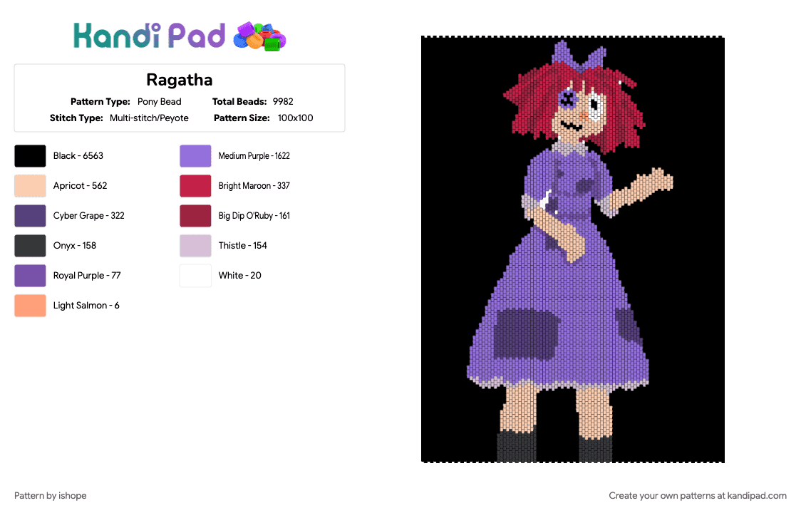 Ragatha - Pony Bead Pattern by ishope on Kandi Pad - black, character, doll, glitch productions, purple, ragatha, tadc, the amazing digital circus
