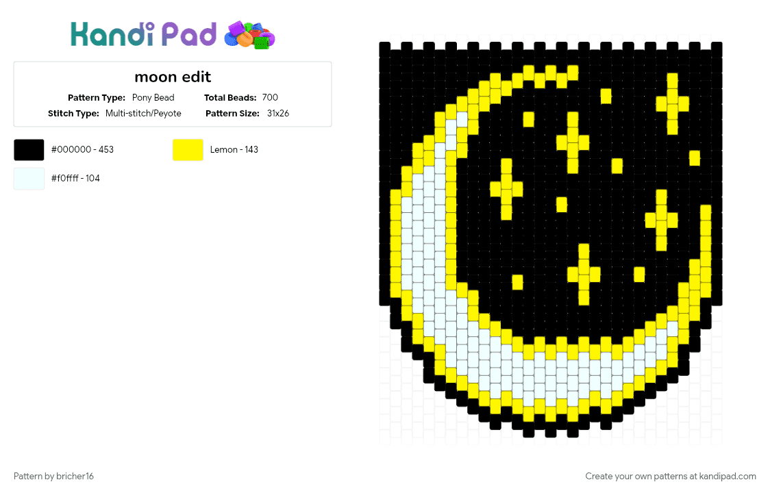 moon edit - Pony Bead Pattern by bricher16 on Kandi Pad - black, white, yellow