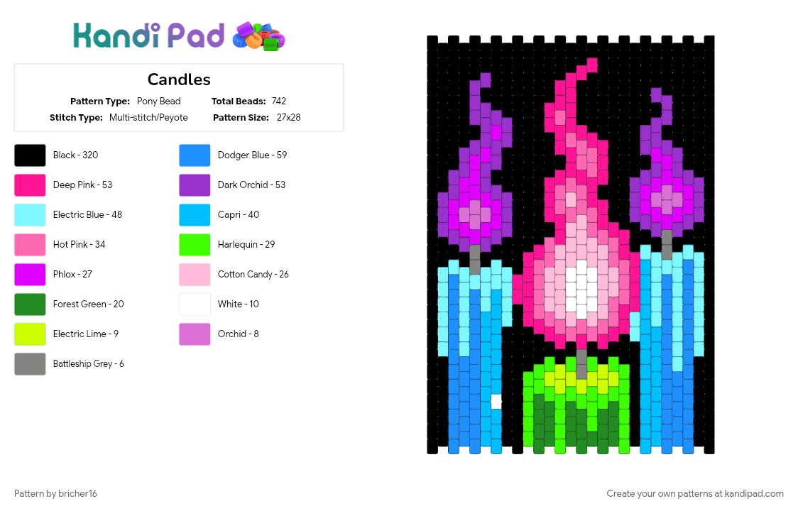 Candles - Pony Bead Pattern by bricher16 on Kandi Pad - black, light blue, pink
