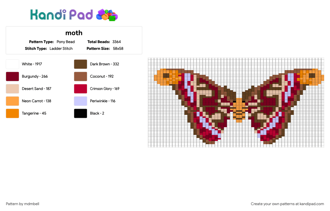 moth - Pony Bead Pattern by mdmbell on Kandi Pad - brown, white