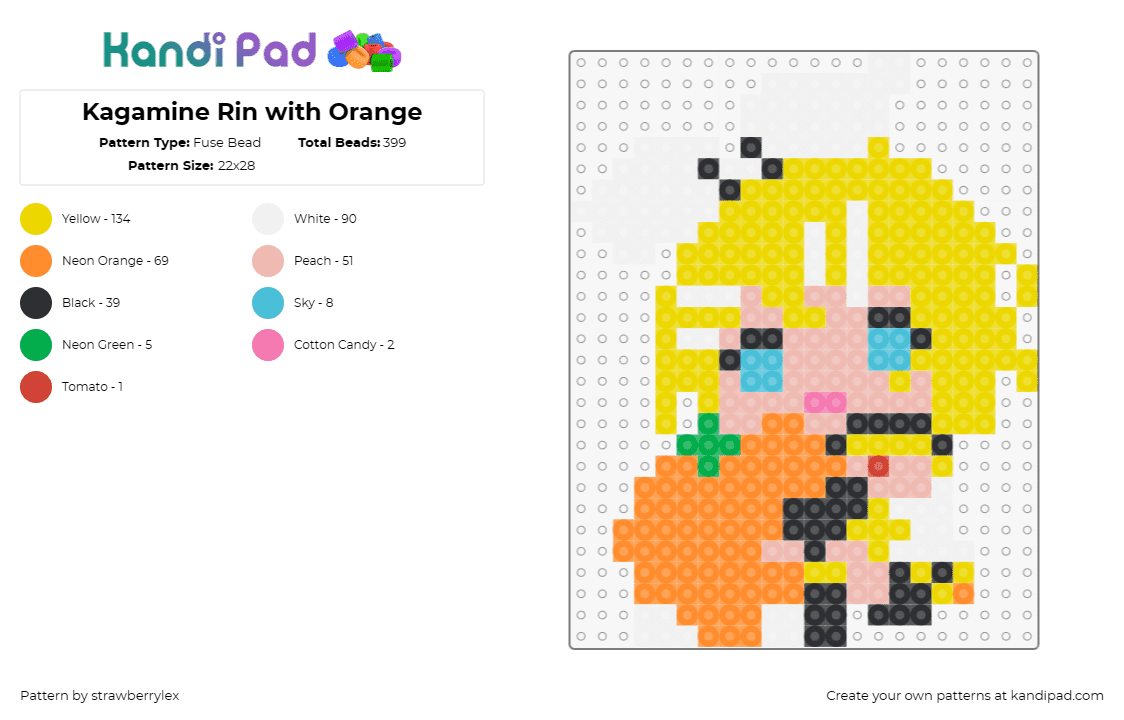 Kagamine Rin with Orange - Fuse Bead Pattern by strawberrylex on Kandi Pad - kagamine rin,vocaloid,orange,music,fruit,food,digital,character,yellow