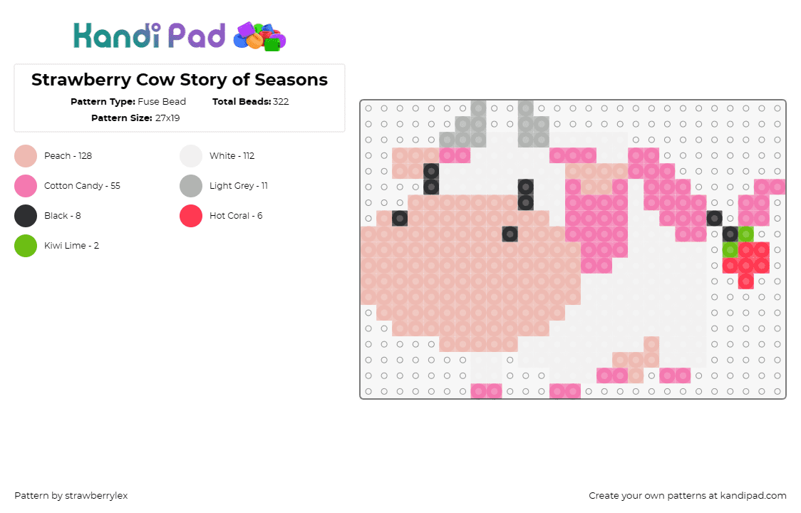 Strawberry Cow Story of Seasons - Fuse Bead Pattern by strawberrylex on Kandi Pad - cow,animal,strawberry,fruit,story of seasons,video game,farm,cute,white,pink