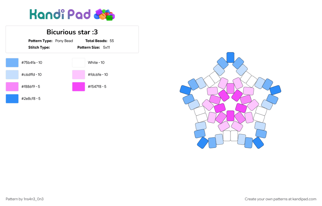 Bicurious star :3 - Pony Bead Pattern by 1ns4n3_0n3 on Kandi Pad - bicurious, bicurious pride, lgbtq, lgbtqia, light blue, pink, pride, pride flag, queer questioning, questioning