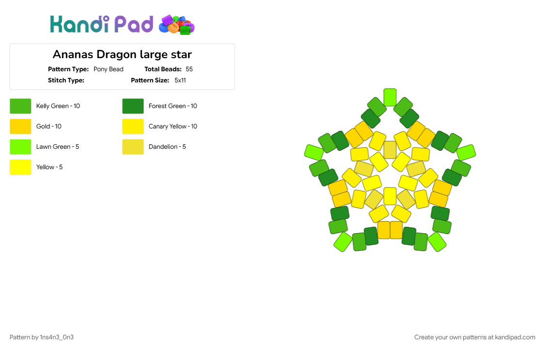 Ananas Dragon large star - Pony Bead Pattern by 1ns4n3_0n3 on Kandi Pad - ananas dragon, ananas dragon cookie, cookie run, cookie run kingdom, cookierun, cookierunkingdom, crk, crob, green, yellow