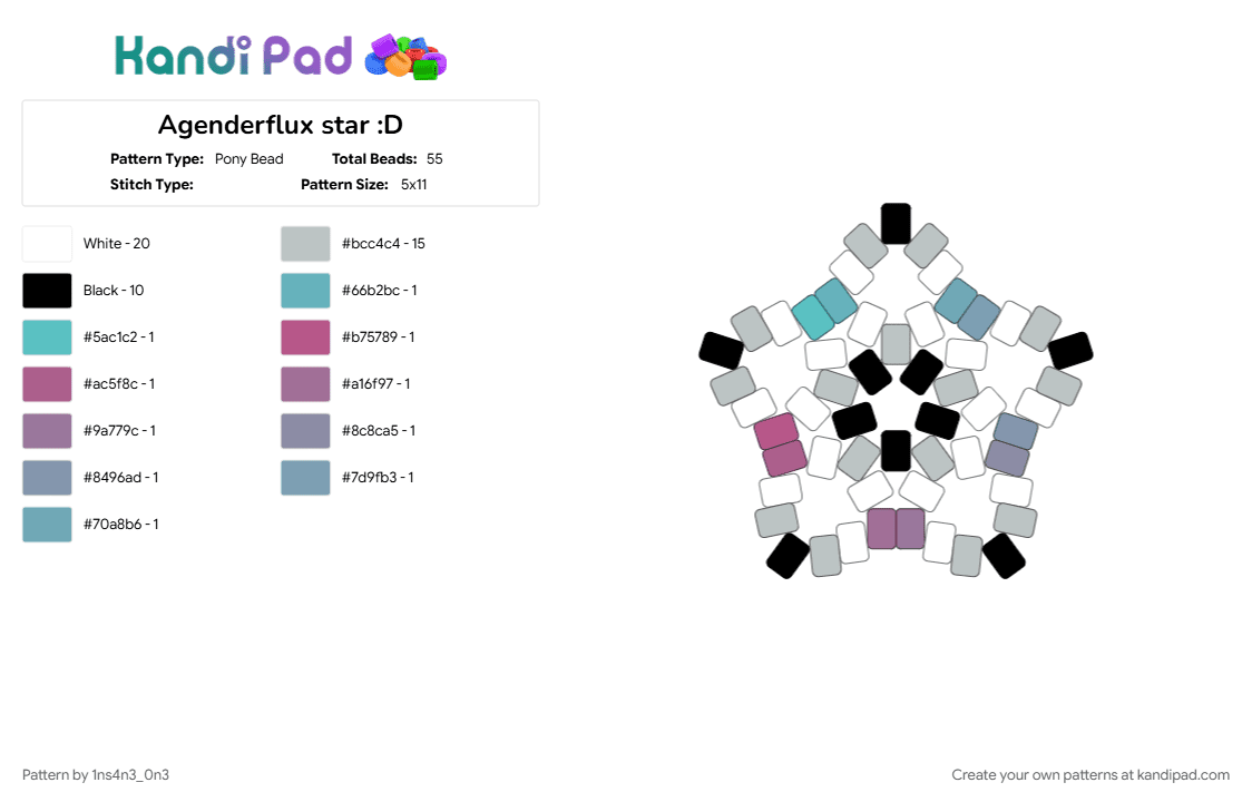 Agenderflux star :D - Pony Bead Pattern by 1ns4n3_0n3 on Kandi Pad - agenderflux, agenderflux fem, agenderflux masc, agenderflux pride, gray, lgbtq, lgbtqia, pink, pride, pride flag, teal, white