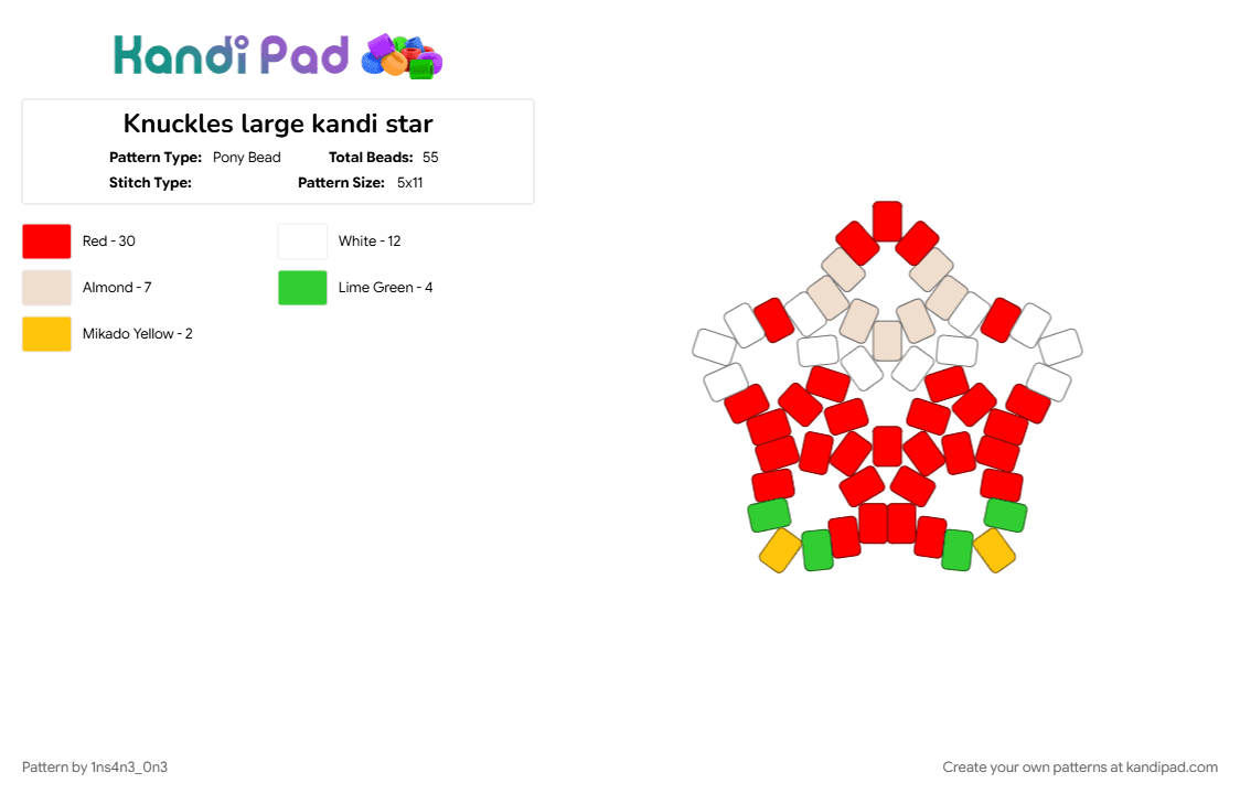 Knuckles large star - Pony Bead Pattern by 1ns4n3_0n3 on Kandi Pad - character, fandom, knuckles, knuckles the echidna, large kandi star, red, sonic, sonic the hedgehog, star