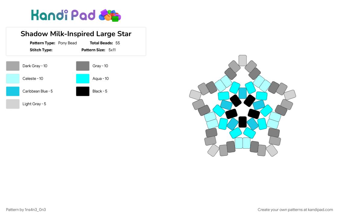 Shadow Milk-Inspired star - Pony Bead Pattern by 1ns4n3_0n3 on Kandi Pad - cookie, cookie run, cookie run kingdom, kandi star, large kandi star, light blue, shadow milk, shadow milk cookie, soul jam